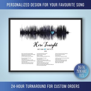 Here Tonight, Custom Sound Wave & Lyrics art, Printable digital, Instant download, Personalized print, Wedding Anniversary Birthday Gift