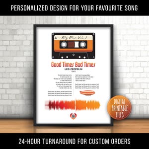 Letras de ondas de sonido de casete de audio compacto personalizado, arte imprimible digital, impresión de póster de música personalizado, regalo para esposo, escaneo de código QR