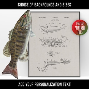 Dibujo artístico de patente de señuelos de pesca antiguos, póster imprimible digital, archivos de descarga instantánea, impresión personalizada, regalo increíble para papá