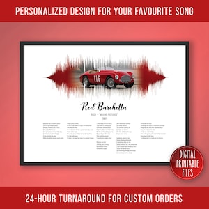 Könnte beinhalten: Eine digitale druckbare Datei mit einem roten Ferrari Sportwagen und den Songtexten zu "Red Barchetta" von Rush. Die Texte sind in weißer Schrift auf weißem Hintergrund dargestellt. Der Songtitel und der Bandname sind in schwarzer Schrift dargestellt. Das Bild ist eine Klangwellenvisualisierung des Songs.