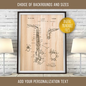 Saxophon Vintage Poster | Patent Zeichnung Digitale druckbare Kunst | Sofortiger Download Benutzerdefinierte Musik-Wand-Dekor-Druck | Geschenk für Musiker
