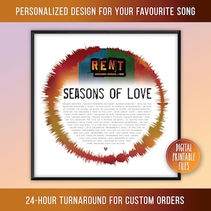 May include: A framed print featuring the musical "Rent." The design includes a circular graphic with the words "Seasons of Love" and lyrics from the song. The print has a black frame and a digital printable files label.