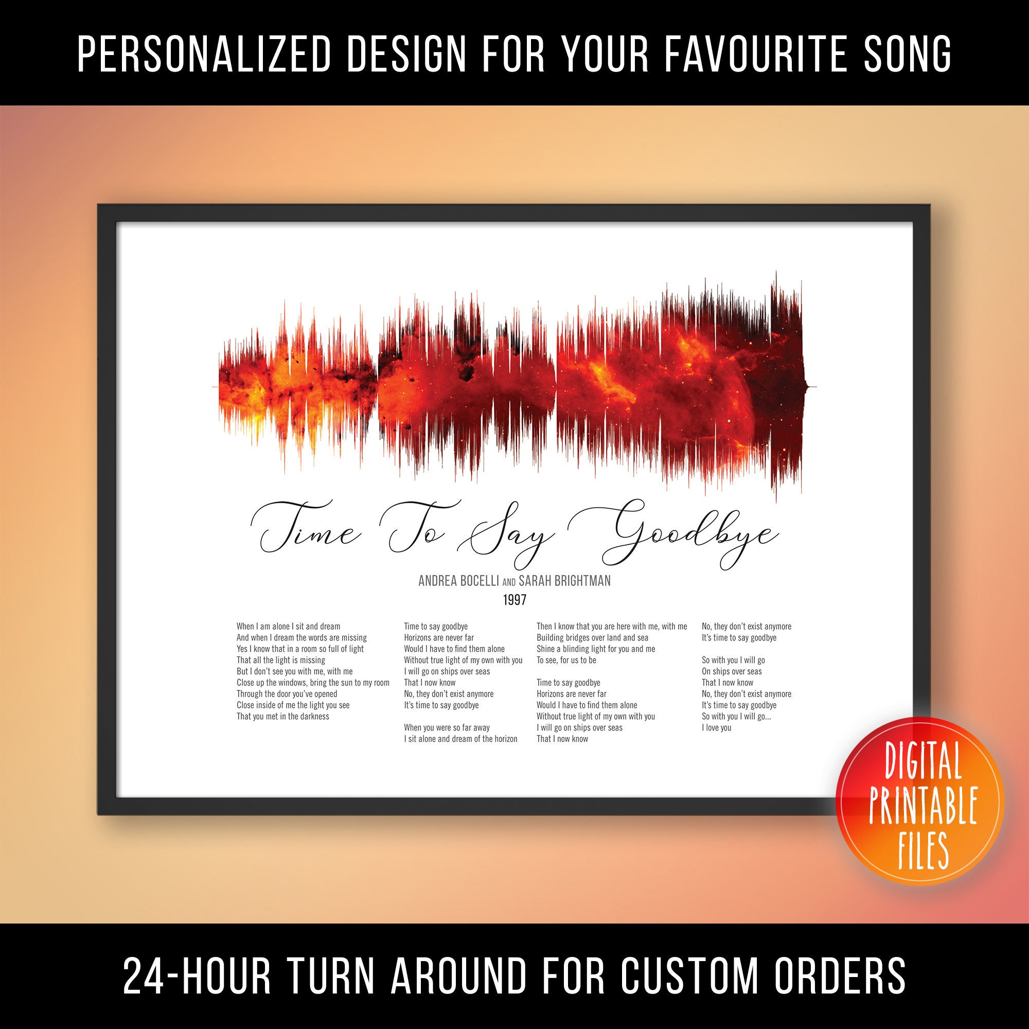 Time to Say Goodbye, Custom Sound Wave & Lyrics Art, Printable