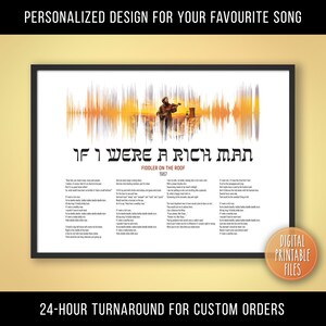 May include: A digital printable file featuring a yellow and orange sound wave graphic of the song "If I Were a Rich Man" from the musical Fiddler on the Roof. The lyrics to the song are printed below the sound wave graphic.