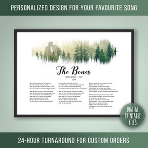 以下が含まれることがあります： 水彩の森のシーンとサウンドウェーブのグラフィック、マレン・モリスの曲「The Bones」の歌詞が描かれたデジタル印刷可能なファイル。右下に「デジタル印刷可能なファイル」の文字があります。