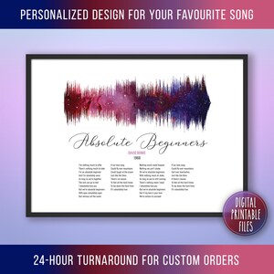 May include: A digital printable art print featuring a colorful sound wave visualization of the song "Absolute Beginners" by David Bowie. The lyrics to the song are printed below the sound wave.
