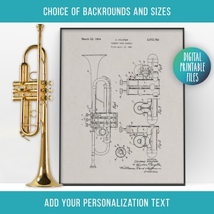 May include: A black and white vintage patent drawing of a trumpet tone control. The drawing shows the internal workings of the trumpet and includes the patent number 2,672,783. The patent was filed on April 10, 1951 and granted on March 23, 1954.
