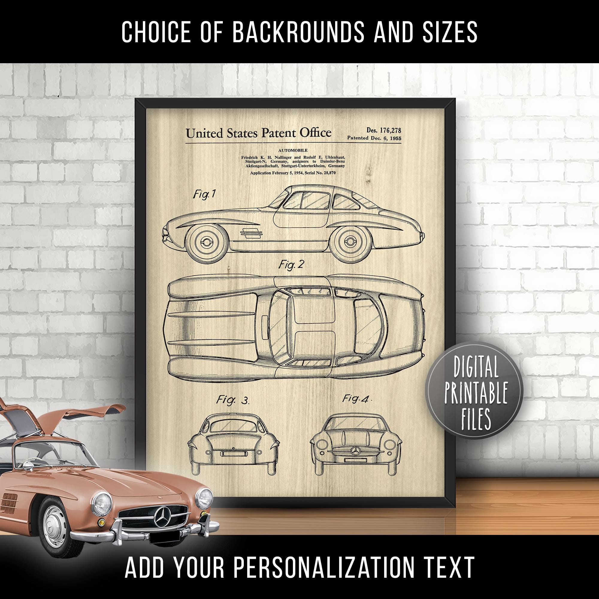 メルセデス・ベンツ 300SL ヴィンテージカー特許図面アート、デジタル