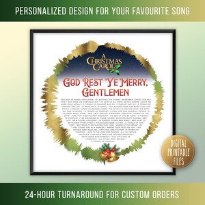 Op de afbeelding: Een afdrukbare digitale kunstprint met een kerstlied, "God Rest Ye Merry, Gentlemen". De tekst wordt omringd door een krans van hulst en een gouden, glinsterend, abstract ontwerp. De tekst is in een vintage lettertype.