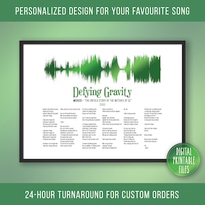 Puede incluir: Un archivo digital imprimible que presenta la letra de la canción "Defying Gravity" del musical Wicked. La letra está impresa en texto negro sobre un fondo blanco. El título de la canción está impreso en texto verde sobre la letra. La imagen también incluye un gráfico de onda sonora verde.