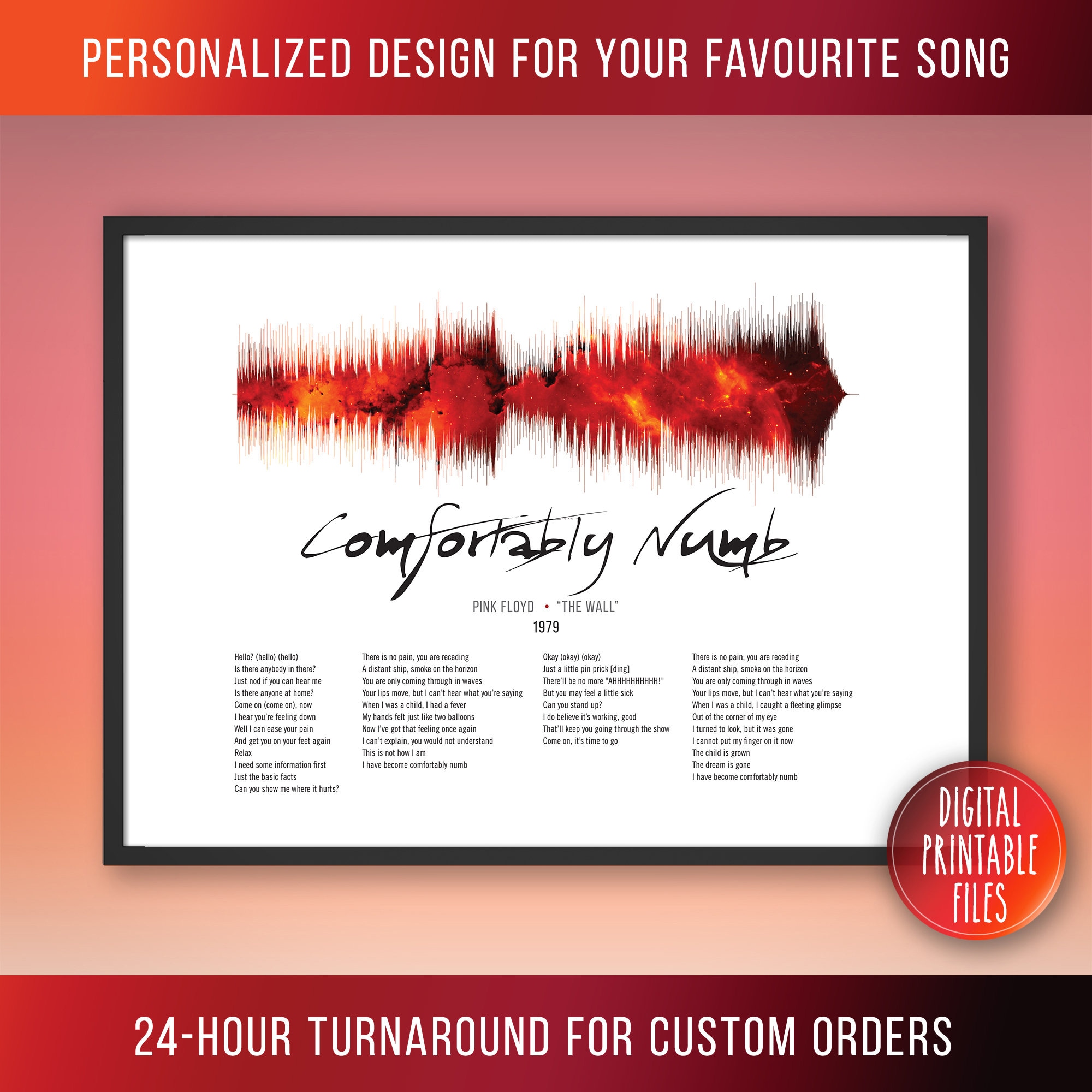 Comfortably Numb, Custom Sound Wave Lyrics Art, Printable Digital