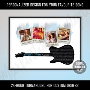 Puede incluir: Impresión enmarcada con una silueta de guitarra negra llena de letras de canciones, cuatro marcos de fotos y el texto "Simple Man" de Lynyrd Skynyrd. El texto superior dice "PERSONALIZED DESIGN FOR YOUR FAVOURITE SONG".