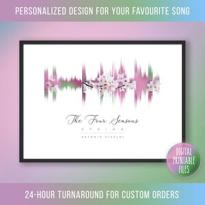 May include: A digital printable art print featuring a pink and green sound wave with a floral design. The text "The Four Seasons Spring Antonio Vivaldi" is below the sound wave.