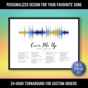 May include: A digital printable file of a song lyric print featuring the song "Cover Me Up" by Jason Isbell. The print features a blue and gold sound wave graphic and the lyrics to the song. The print is available for custom orders with a 24-hour turnaround time.