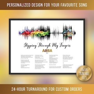 Puede incluir: Un archivo digital imprimible de una impresión de letra de canción con una visualización de ondas sonoras coloridas de la canción "Slipping Through My Fingers" de ABBA. La letra está impresa debajo de la onda sonora. El texto "ARCHIVOS IMPRIMIBLES DIGITALES" está en un círculo dorado en la esquina inferior derecha de la imagen.