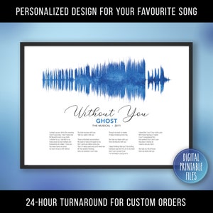 Puede incluir: Un archivo digital imprimible de una gráfica de onda sonora azul con la letra de la canción "Without You" del musical "Ghost" impresa debajo. El texto "Archivos digitales imprimibles" está en la esquina inferior derecha de la imagen. El texto "Atención personalizada en 24 horas" está en la parte inferior de la imagen.