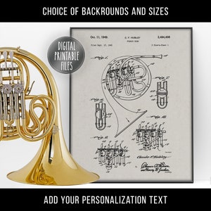 Vintage French Horn Patent drawing Poster, Digital Printable art, Instant download files, Custom musical instrument wall decor print