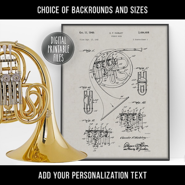 Vintage French Horn Patent drawing Poster, Digital Printable art, Instant download files, Custom musical instrument wall decor print