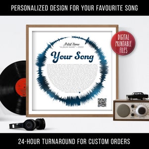 May include: A framed print with a blue soundwave design, the text "Your Song", and song lyrics. The print is in a wooden frame, with a vinyl record and a vintage radio in the background. The text "Digital Printable Files" is also visible.