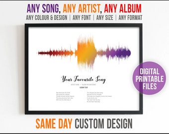 Any Song, Any Artist, Custom Sound Wave with Lyrics, Printable digital file, Choose your favourite song, colours, fonts, layout and size