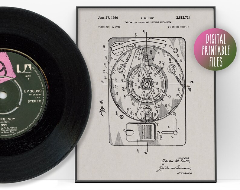May include: A black and white vintage patent drawing for a combination sound and picture mechanism. The drawing shows a detailed illustration of the mechanism, including gears, levers, and other components. The patent number is 2,512,724 and the inventor is Ralph M. Like.