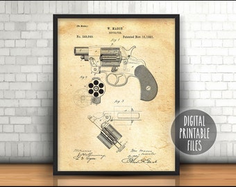 リボルバー・メイソン拳銃、ヴィンテージ特許図面ポスター、デジタル