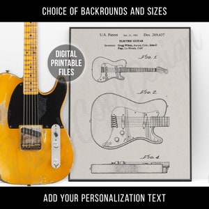 Plakat z gitarą Telecaster | Rysunek patentowy Vintage Custom | Sztuka do druku cyfrowego | Pliki do natychmiastowego pobrania | Wydruk na ścianę | Prezent dla niego
