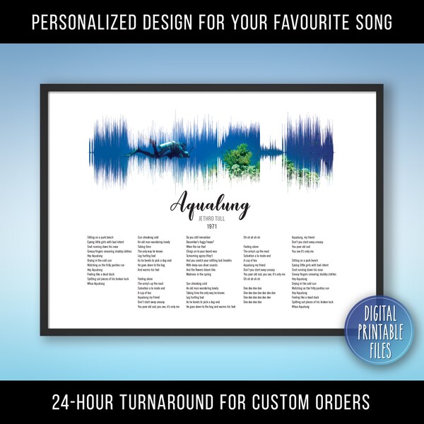 Aqualung, Custom Sound Wave & Lyrics art, Printable digital, Instant download, Personalized print, Birthday Anniversary song poster