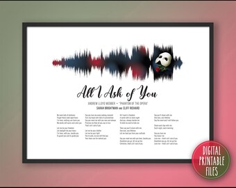 All I Ask of You, Broadway Musical Radial Sound Wave with Lyrics Art, Printable digital file, Personalized Custom Print, Wall decor poster
