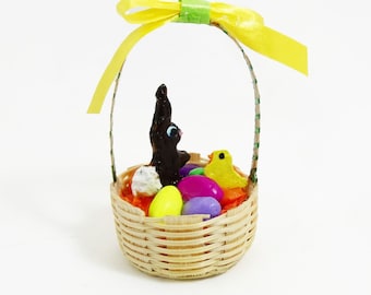 Miniature Easter Basket with Colorful Eggs, Chocolate Bunny, & Chick - Multiple Color Choices  1:6 Scale