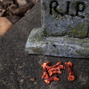 Peut inclure: Une petite pierre tombale grise avec l'inscription "RIP" est posée sur une surface gris foncé. Un tas d'os de chien en plastique rouge se trouve devant la pierre tombale.