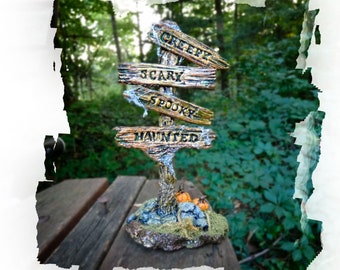 Miniature Sign Post - HALLOWEEN (various directions like "spooky"  "haunted hill") Handmade - Multiple Sizes & Personalization available