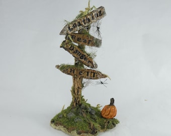 Miniature Sign Post - HALLOWEEN (various directions like "spooky" "hell" haunted hill") 5"-6" tall Handmade -Personalization available