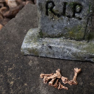 May include: A small, grey tombstone with the word "RIP" inscribed on it sits on a grey, textured surface.  A pile of small, brown bones are scattered in front of the tombstone.