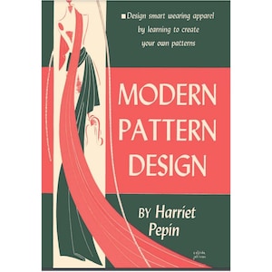 Op de afbeelding: Boekomslag met een rode en witte illustratie van een vrouw in een lange jurk. De titel is "MODERN PATTERN DESIGN" door Harriet Pepín.