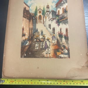 Signed Marco Ruiz (M. Ruiz) Mexican Folk Art Watercolor Painting Street Scene