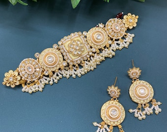 Gargantilla sonal kundan / collar / collar de perlas de trabajo meenakari pintado a mano chapado en oro