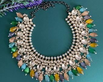 Raven uncut kundan necklace In pastel multi