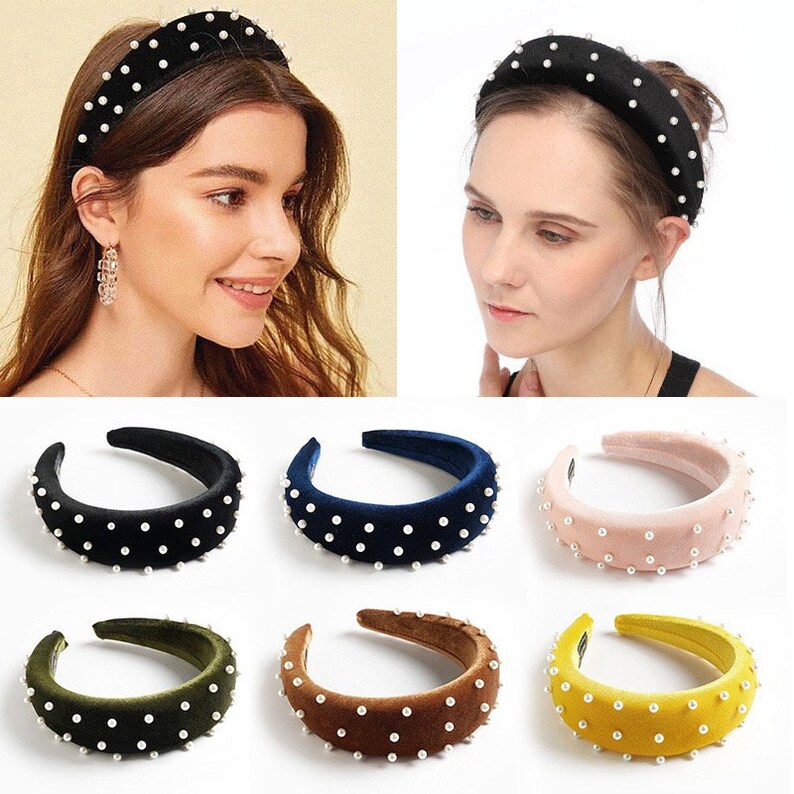 Velvet Padded Headband with Faux Pearls Spanish Vintage Style Etsy