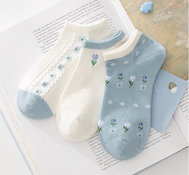 Set of 3 Blue and White Socks Women's Crew Socks Ocean Etsy