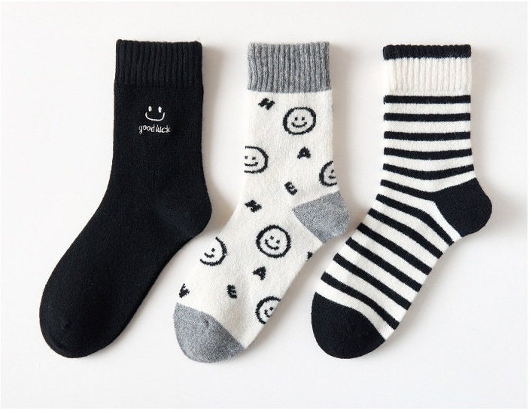 Set of 3 Black Grey and White Wool Socks With Cute Patterns Winter Warm ...