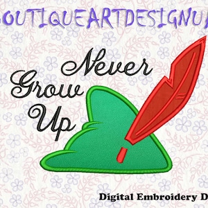 May include: Embroidered design featuring a green hat with a red feather and the text "Never Grow Up".