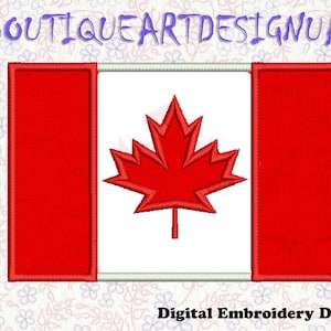 Pode incluir: Bandeira canadense vermelha e branca com uma folha de bordo vermelha no centro. Desenhos de bordado digital.