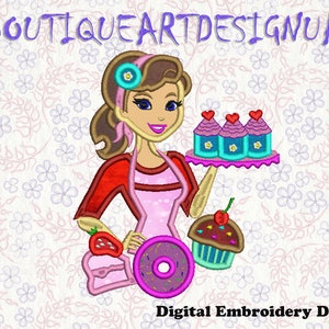 May include: A digital embroidery design featuring a cartoon woman wearing a pink apron and holding a tray of cupcakes. The cupcakes are pink with white frosting and red hearts. The woman is also holding a donut and a cupcake with chocolate frosting and a cherry on top. The design is perfect for bakers, cake lovers, and anyone who enjoys sweet treats.