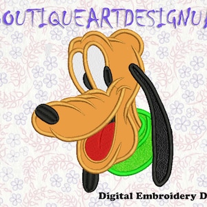 May include: Embroidered design of Pluto, a cartoon dog with large eyes, a red tongue, and a green collar. The design is on a white background with a floral pattern.
