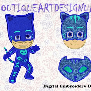 May include: Digital embroidery designs featuring a blue and green cartoon cat character with a mask. The character is wearing a blue suit with a green lightning bolt design. The design includes a full-body image of the character, a close-up of the character's head, and a close-up of the character's mask.