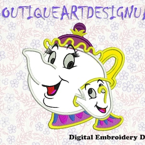 May include: Embroidered design of Mrs. Potts and Chip from Disney's Beauty and the Beast. Mrs. Potts is a white teapot with a purple hat and yellow trim. Chip is a small white teacup with a yellow handle.