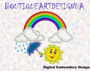 Rainbow, Sun and clouds Applique Machine Embroidery Designs, Rainbow Applique, Sun shine Embroidery Designs