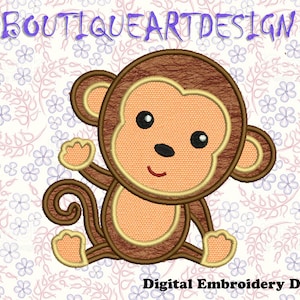 May include: A brown and beige cartoon monkey with a curled tail, sitting with its arms raised. The monkey has a happy expression with large eyes and a small smile. The background is a white floral pattern.