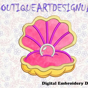 May include: A pink seashell with a purple interior and a pearl inside. The shell is on a white background with a floral pattern.